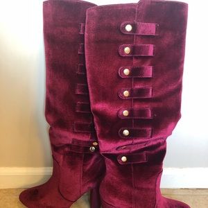 NWOT knee high velvet boots with gold accents